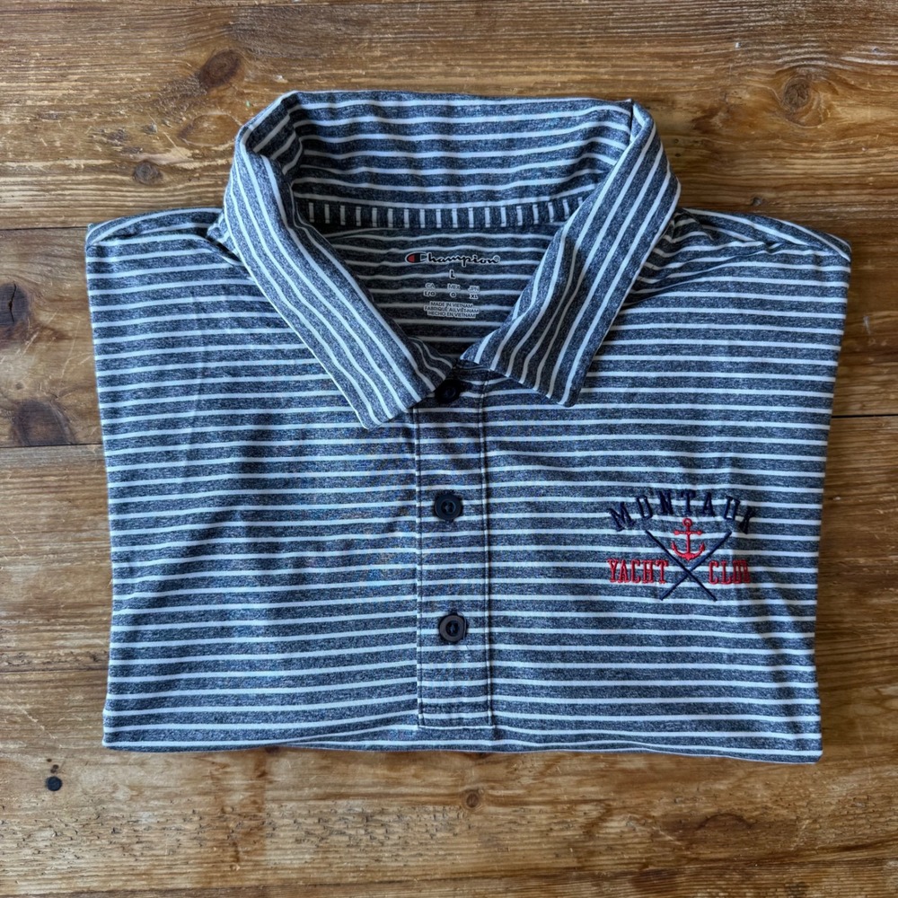Champion‎ Hamptons Montauk Yacht Club Stripe Performance Golf Polo Shirt Lrg EUC